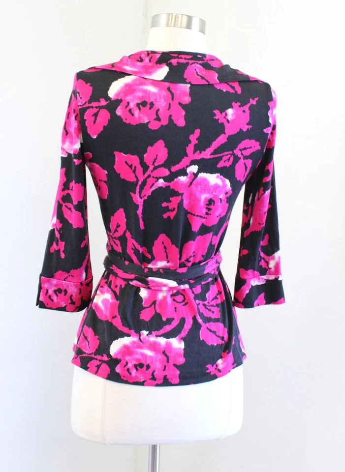 Blusa Top Diane Von Furstenberg Jill Negra Rosa Seda Jersey Floral Envolvente Talla 2 Foto 4 de 4