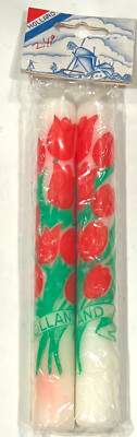 Holland Windmill Candles White w/Red Tulips Design Set of 2