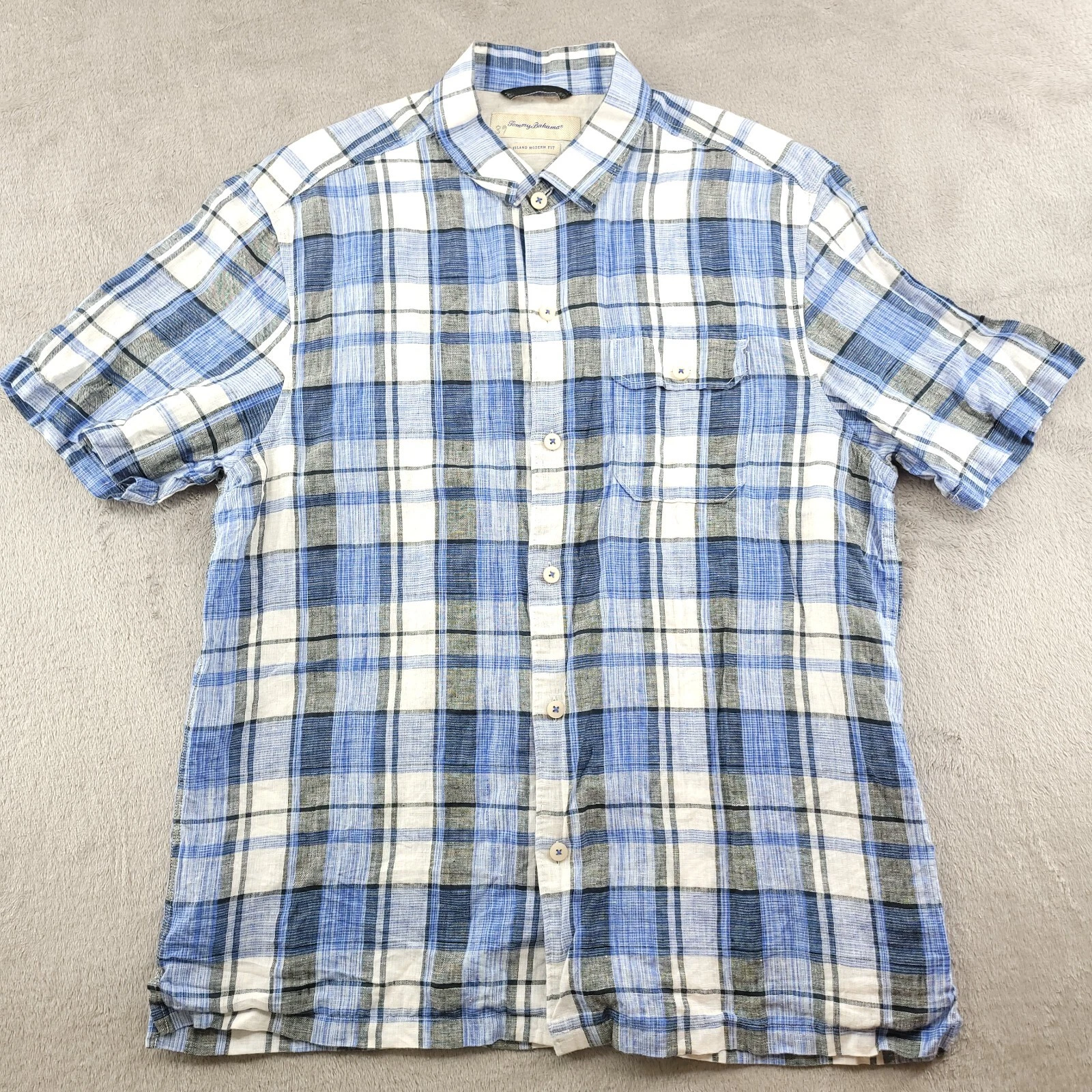 Tommy Bahama Shirt Mens Large Blue Plaid Island Modern Linen Button Up Casual
