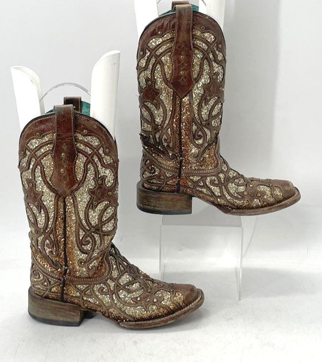 Corral Women's Orix Glitter Inlay Brown Western Boots Square Toe Size 5.5 C3275