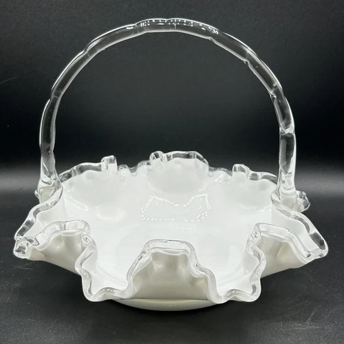Vintage Silver Crest Fenton White Milk Glass Bamboo Handled Ruffled Edge Basket