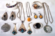 Vintage Sterling Silver Jewelry Lot 10 PCS - Navajo, Zuni, Baltic Amber, Taxco