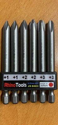 JIS B4633 1/4'' Hex Screw Driver Bits Made in Japan +1 +2 +3 x 75mm 6 Pcs Set