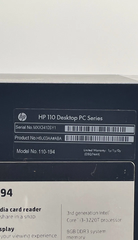 HP 110-194 Desktop PC Intel Core i3-3220T 110 Series Slim Tower Computer No HDD - Image 3 of 4