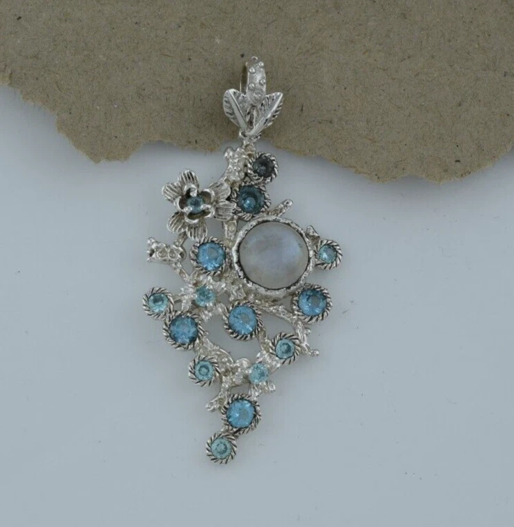 Pietra di luna arcobaleno appariscente pietra preziosa topazio blu argento... - Immagine 3 di 4