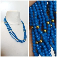Retro Blue ,gold Toned Beaded Multi Strand Necklace, Plastic