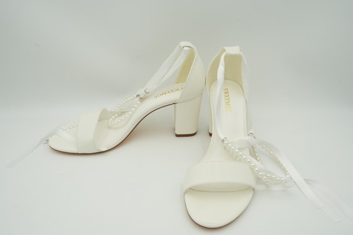 YWXYMGE Womens Size10.5 Ivory Block Heel Bridal Shoes Pearls/Ribbons  Ankle Wrap