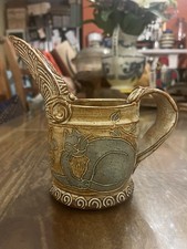 Lovely Unusual Signed Studio Pottery Small Jug Stretched Spout Cat & Leaf Design
