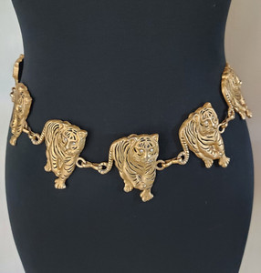 Vintage Tiger Link Chain Belt Statement Gold Tone Rhinestone Eyes 1980s - 1990s
