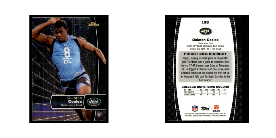 Quinton Coples Rookie 2012 Topps Finest #136 New York Jets Football Card NM - Image 3 of 3