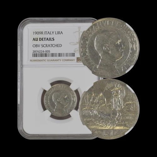 ITALY. 1909, 1 Lira, Silver, R - NGC AU - VEIII, Italia Turrita, Quadriga 🐎