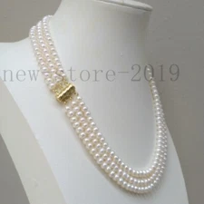 3 Row Strands AAAA Natural Akoya White Pearl Necklace 18-20"14k Gold P Clasp