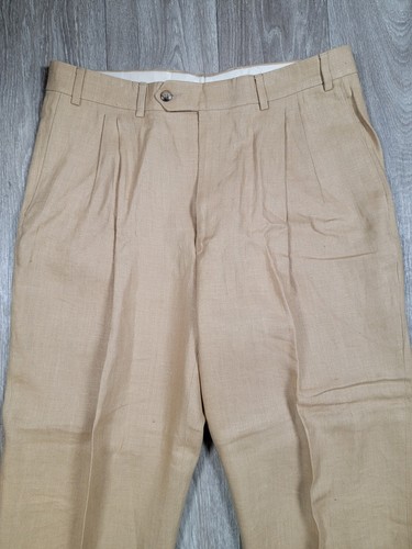 Jos. A. Pantalone Uomo Banca 36X28 100% Lino Collezione Viaggiatori Pieghettato Polsini Tan - Foto 2 di 7