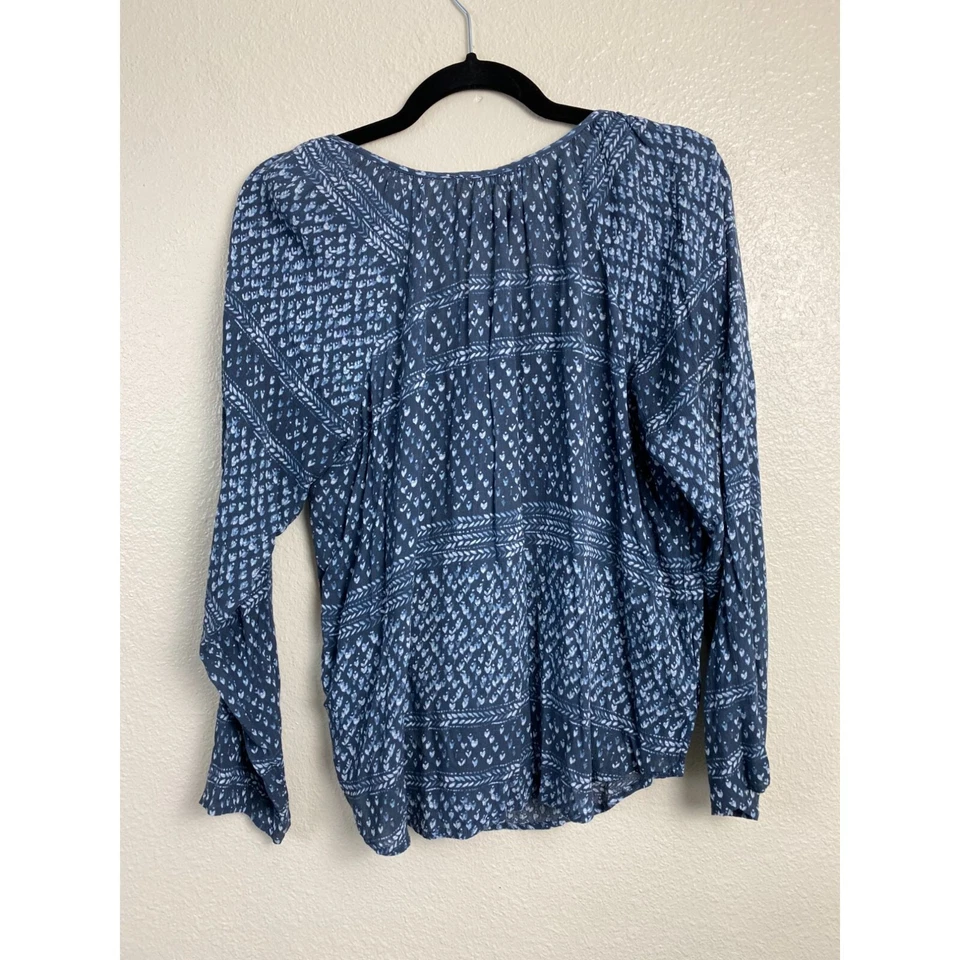 Lovestitch Blouse Top Womens size Large Blue Geometric Tie Front Boho Peasant - Image 2 of 4