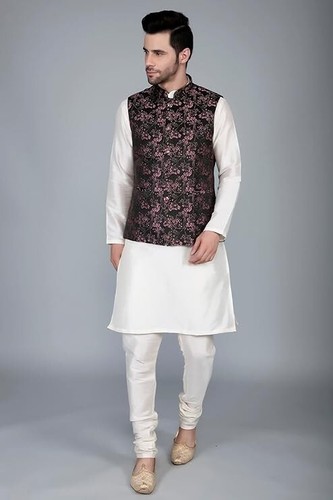 Men's Silk Blend Kurta & Churidar Pyjama With Ethnic Bundi Jacket | 3 In 1 | - Imagen 93 de 182