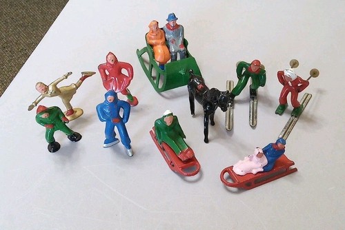 Lot of Barclay Winter Figures Lead 14 Individual Pieces, Skiers Skaters Sleds...
