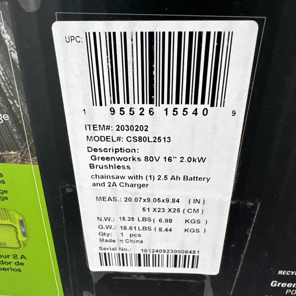 LEER Motosierra Inalámbrica Sin Escobillas Greenworks 80V 16" Batería 2.5Ah CS80L2513 Foto 3 de 4