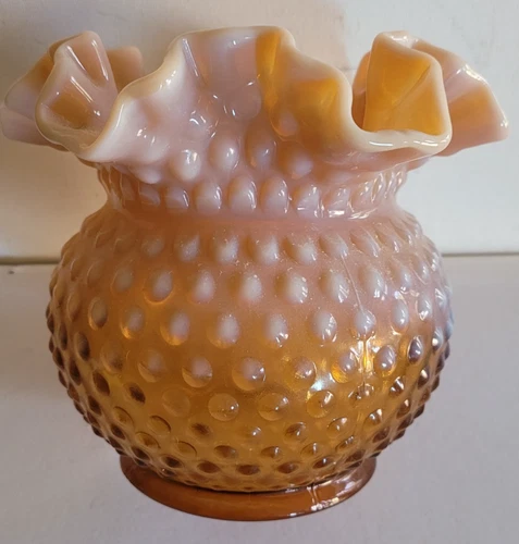 5" Tall - 5" Round Fenton Amber Cameo Opalescent Ruffled Hobnail Rose Bowl Vase