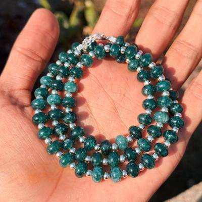 Grandidierite Beaded Necklace   Rare Teal Green Gemstone, Sterling Silver