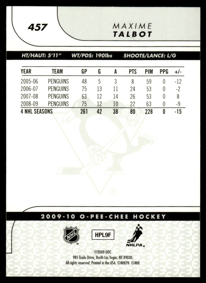 2009-10 O-Pee-Chee Rainbow Maxime Talbot Pittsburgh Penguins #457 - Image 2 of 2