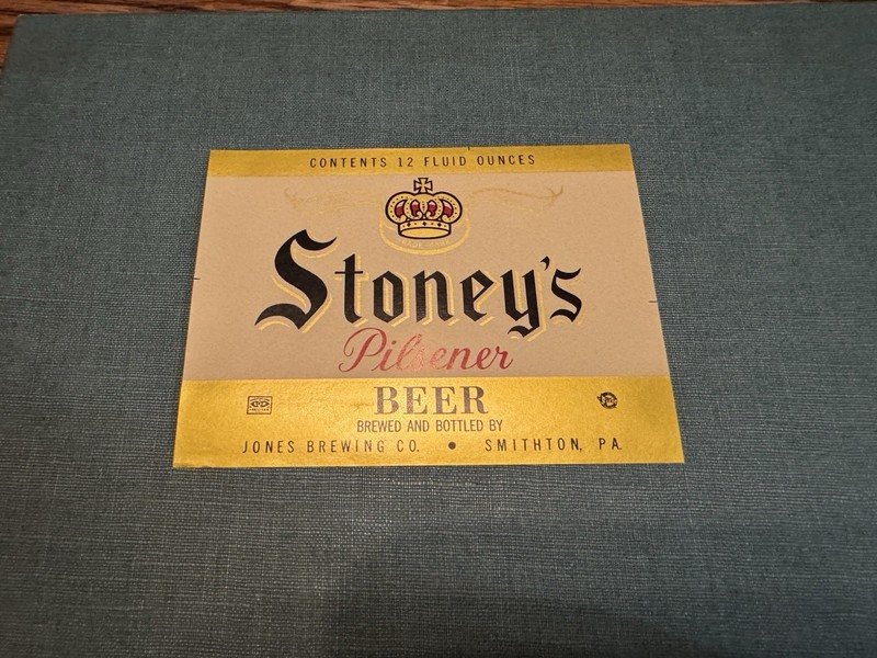 Jones Brewing Co 12 Oz Beer Bottle Label Stoneys Pilsner Unused Smithton Pa