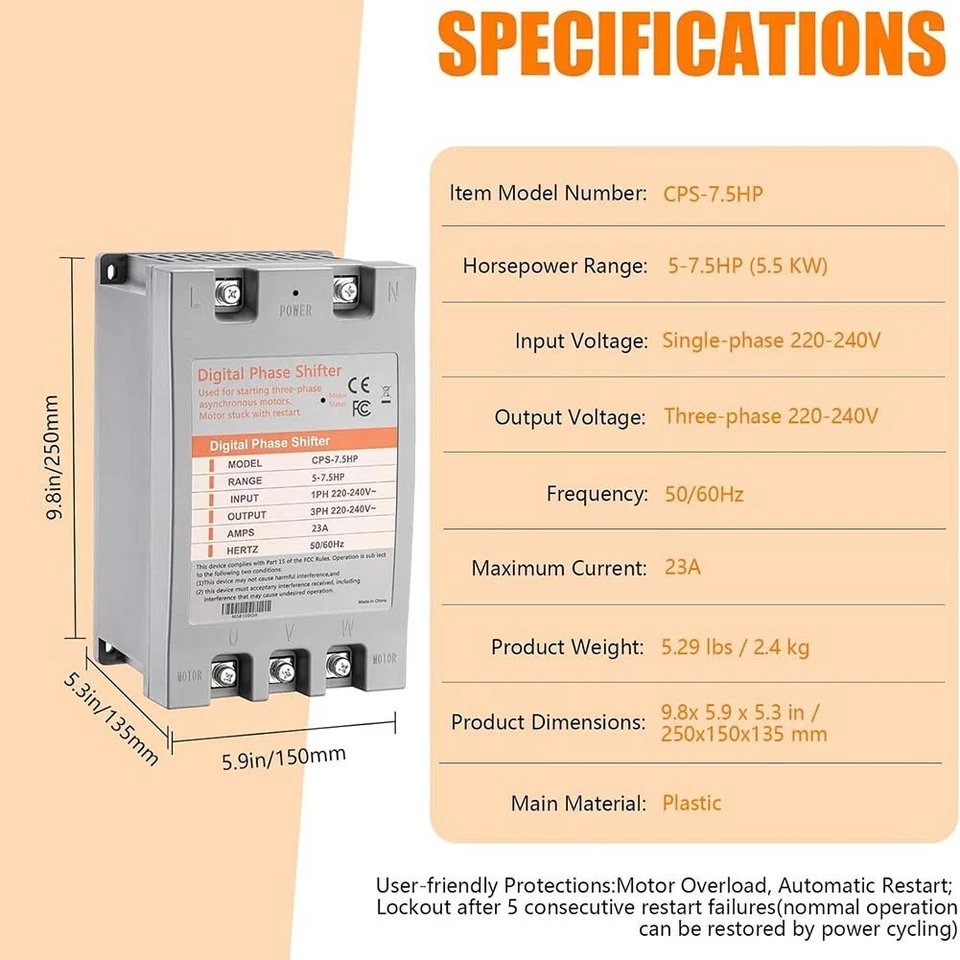 7 5HP Digital 1 Phase To 3 Phase Converter 23A For 220V Motor Equipment - Image 4 of 4