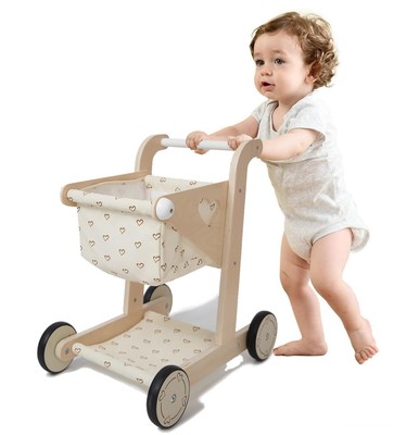 Hopscotch Squad Baby Wooden Shopping Cart Push Pull Walker Doll Stroller for Tod