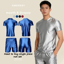 AMORESY Men Glitter Satin Breathable Cool Tracksuit Sleeveless Tops Boxer Shorts