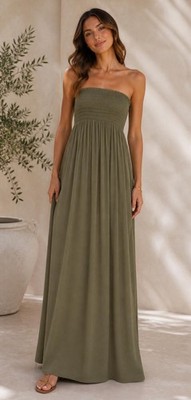 Trägerloses gerafftes Damen Bandeau Maxikleid Boobtube Sommer langes Kleid