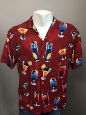 Men’s Paradise Found Hawaiian Aloha Shirt Large USA Made L Cocktails Red Hawaii