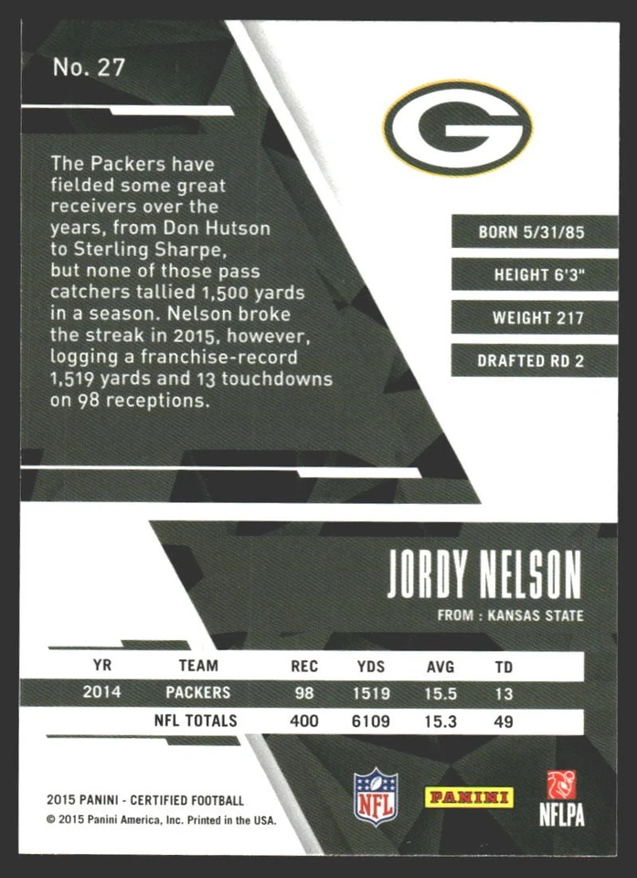 Jordy Nelson #27 2015 Panini Certified Green Bay Packers - Image 2 of 2