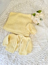 Vintage 60's 100 WOOL Hand Knit Yellow Baby Sweater Bonnet  Blanket SET 0-3 Mo