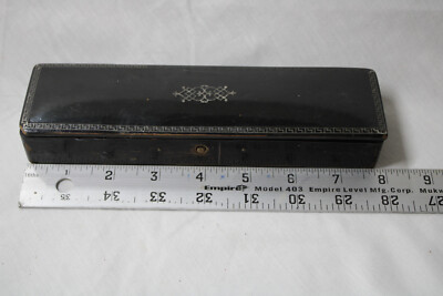 ANTIQUE Black Compartment Pencil Box Locking w/Motif
