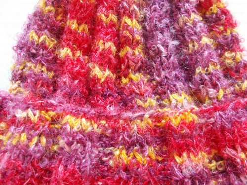 Hand knitted cozy and warm wool blend hat, red/yellow/burgundy - Picture 6 of 6