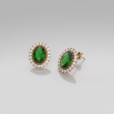 Emerald Halo Earrings Studs Oval 14K Rose Gold-Filled / Lab-Created