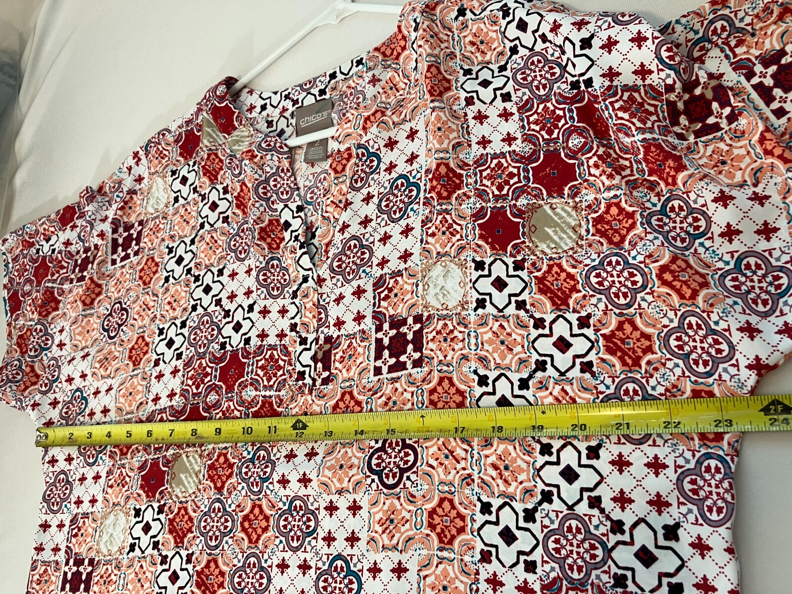 Chico’s Patchwork Flutter Sleeve Top Geometric Hi… - image 3