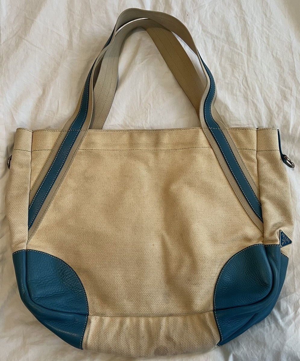 Pre owned Prada Blue Leather Beige Canvas Fabric Canapa Sea