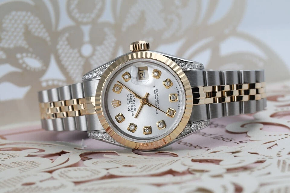 Rolex Datejust 26 mm plata esfera diamante dos tonos reloj correa Jubilee Foto 2 de 4