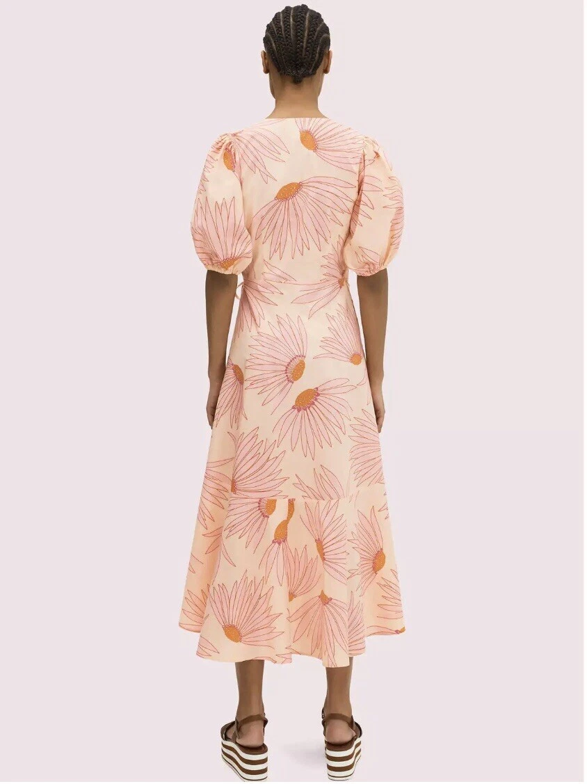 Abito midi Kate Spade NY rosa che cade fiori manica avvolgente passerella taglia 00 XXS