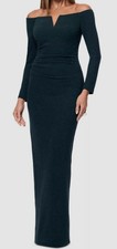 XSCAPE Women's Green Off-The-Shoulder Metallic Long-Sleeve Gown Dress Size 8