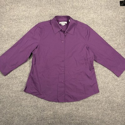 Foxcroft NYC Button Down Fitted Shirt Purple 3/4 Sleeve Women 14 Wrinkle Free