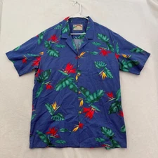 Paradise Found Shirt Mens L Blue Hawaiian Beach Floral Pocket Button Up