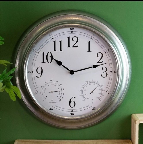 Galvanized Metal Weather Station Wall Clock Hygrometer Thermometer Clock - 46cm - Picture 1 of 6