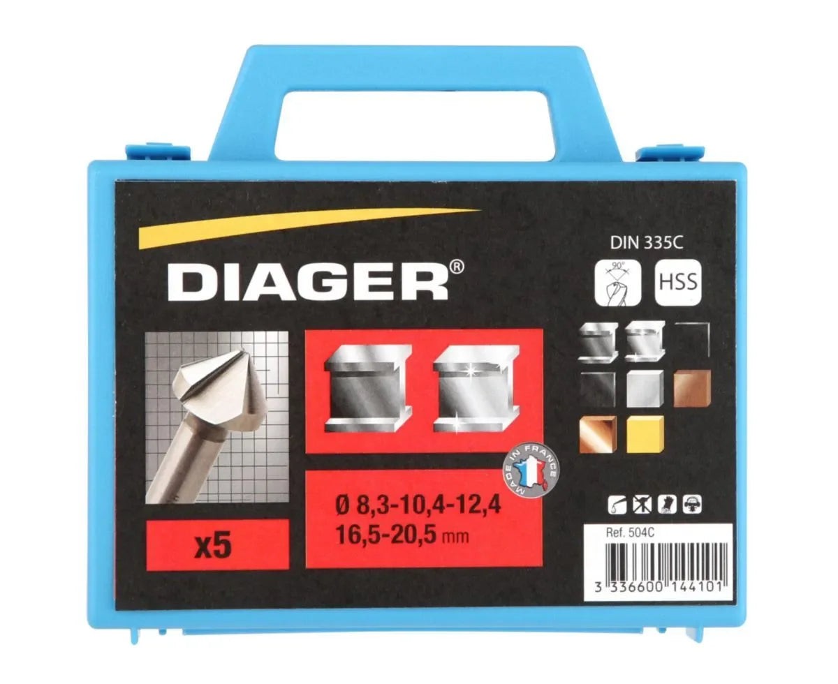 Fraise conique DIAGER HSS evasement net a 90 degres coffret 5 pieces 504C
