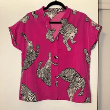 SHEIN Small Bright Pink Leopard Animal Pattern Button Down Blouse GUC STAIN