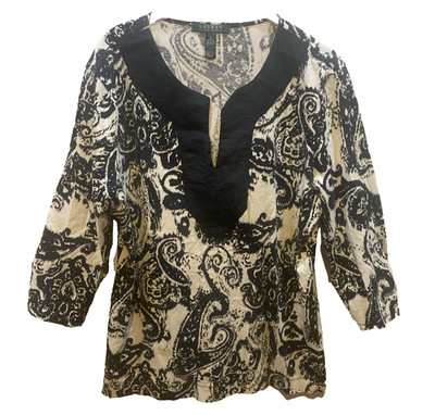 Lauren Ralph Lauren Women XL Black Paisley Old Money Cotton V Neck Quiet Luxury