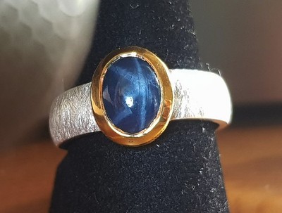 JEWELLERY PIECE RING Saffir Blue 925 Silver Star Safir Gold Cabochon 56 18 Star