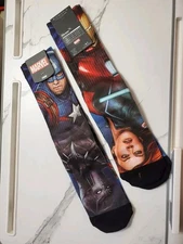 2 Pair of Avengers Themed Crew Socks Size 10-13 Iron Man, Black Panther, Capt Am
