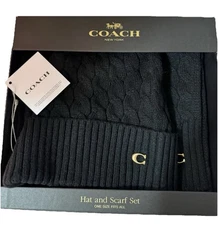 Coach NIB Women’s Cable Knot Beanie & Scarf Set In Black MSRP $225