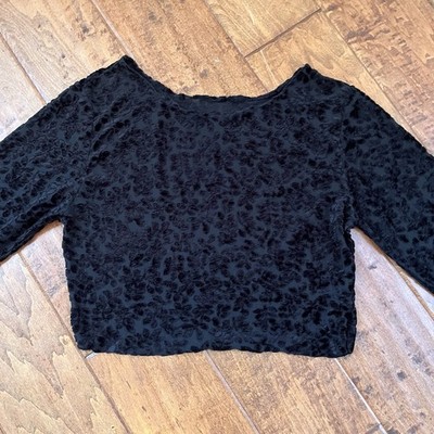 Women's Long Sleeve Top Crushed Velvet Cropped Shirt Black